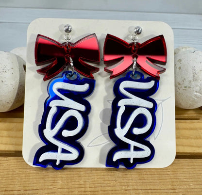 Truly Olive Patriotic USA Bow Dangle Earrings - Earrings Dangle Earrings