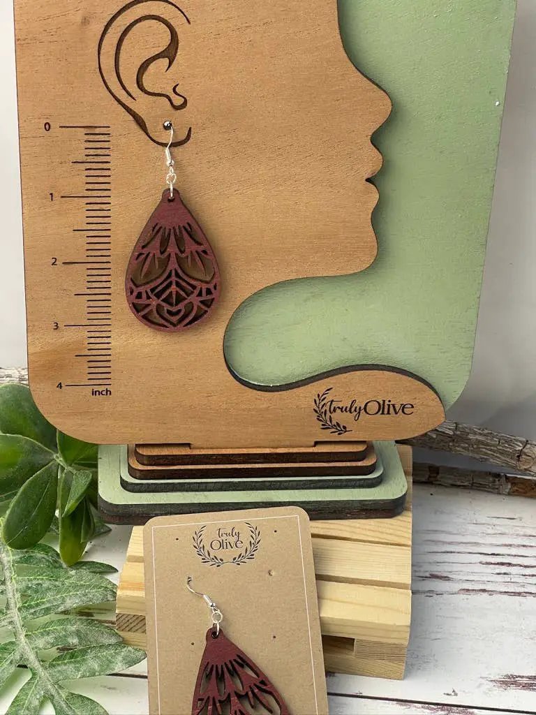 Truly Olive Vintage Wood Mandala Earrings Teardrops - Earrings Dangle Earrings