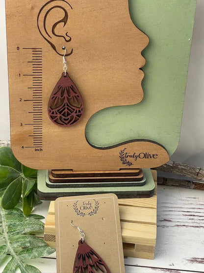 Truly Olive Vintage Wood Mandala Earrings Teardrops - Earrings Dangle Earrings