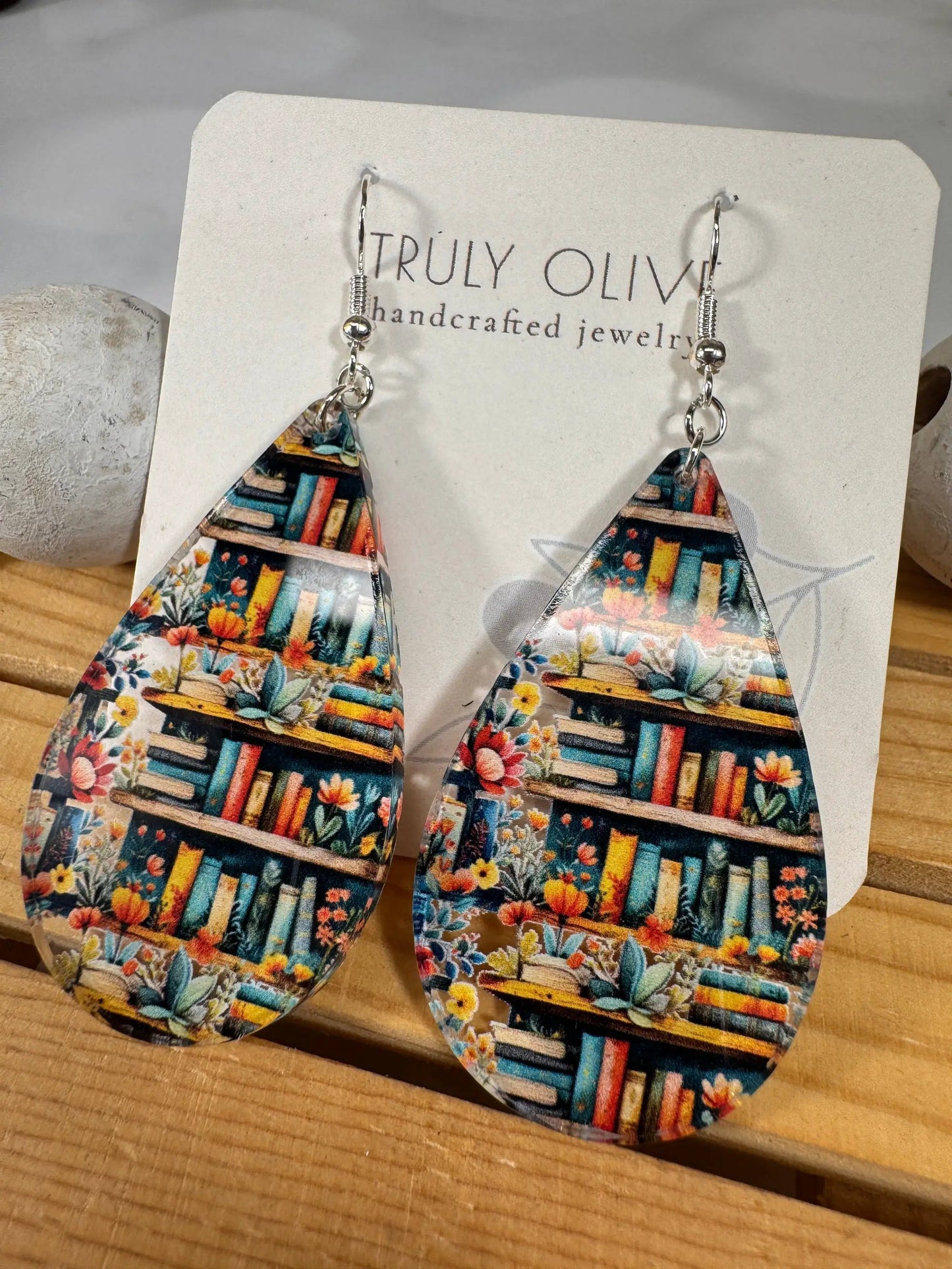 Truly Olive Bookshelf Earrings Book Lovers Teardrop Earrings - Earrings Dangle Earrings
