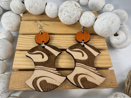 Truly Olive Groovy Swirl Engraved Wood Earrings - Earrings Dangle Earrings