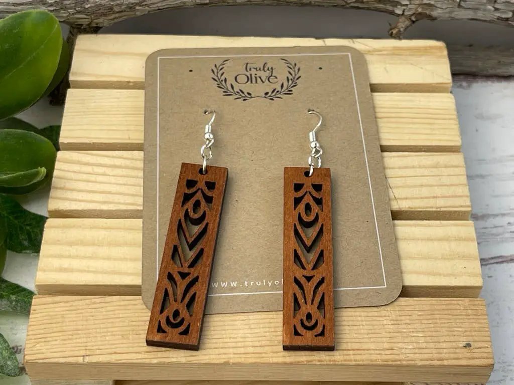 Truly Olive Rectangle Mandala Earrings Lightweight Wood Earrings - Earrings Dangle Earrings