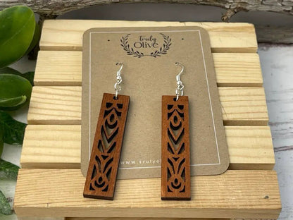 Truly Olive Rectangle Mandala Earrings Lightweight Wood Earrings - Earrings Dangle Earrings