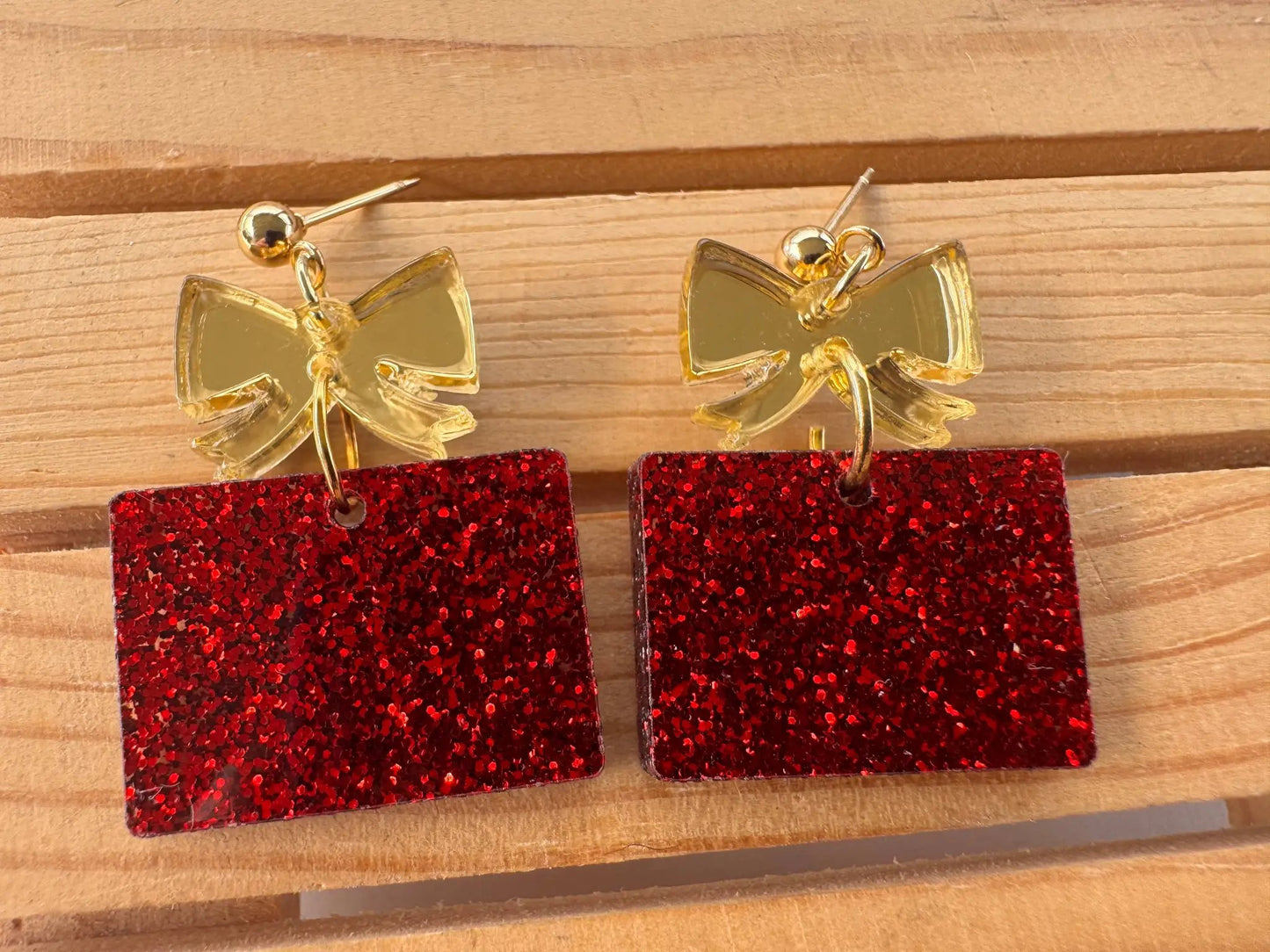 Truly Olive Red and Gold Christmas Present Earrings - Earrings Dangle Earrings