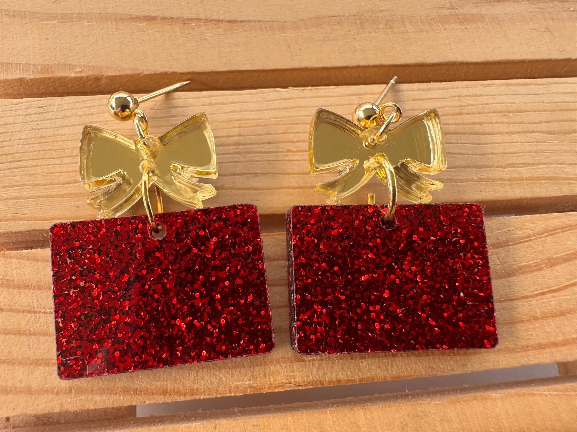 Truly Olive Red and Gold Christmas Present Earrings - Earrings Dangle Earrings
