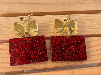 Truly Olive Red and Gold Christmas Present Earrings - Earrings Dangle Earrings