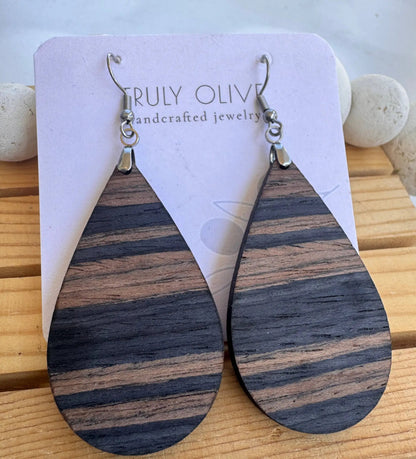 Truly Olive Blue Walnut Exotic Cafe Collection Wood Earrubgs - Earrings Hoop Earrings
