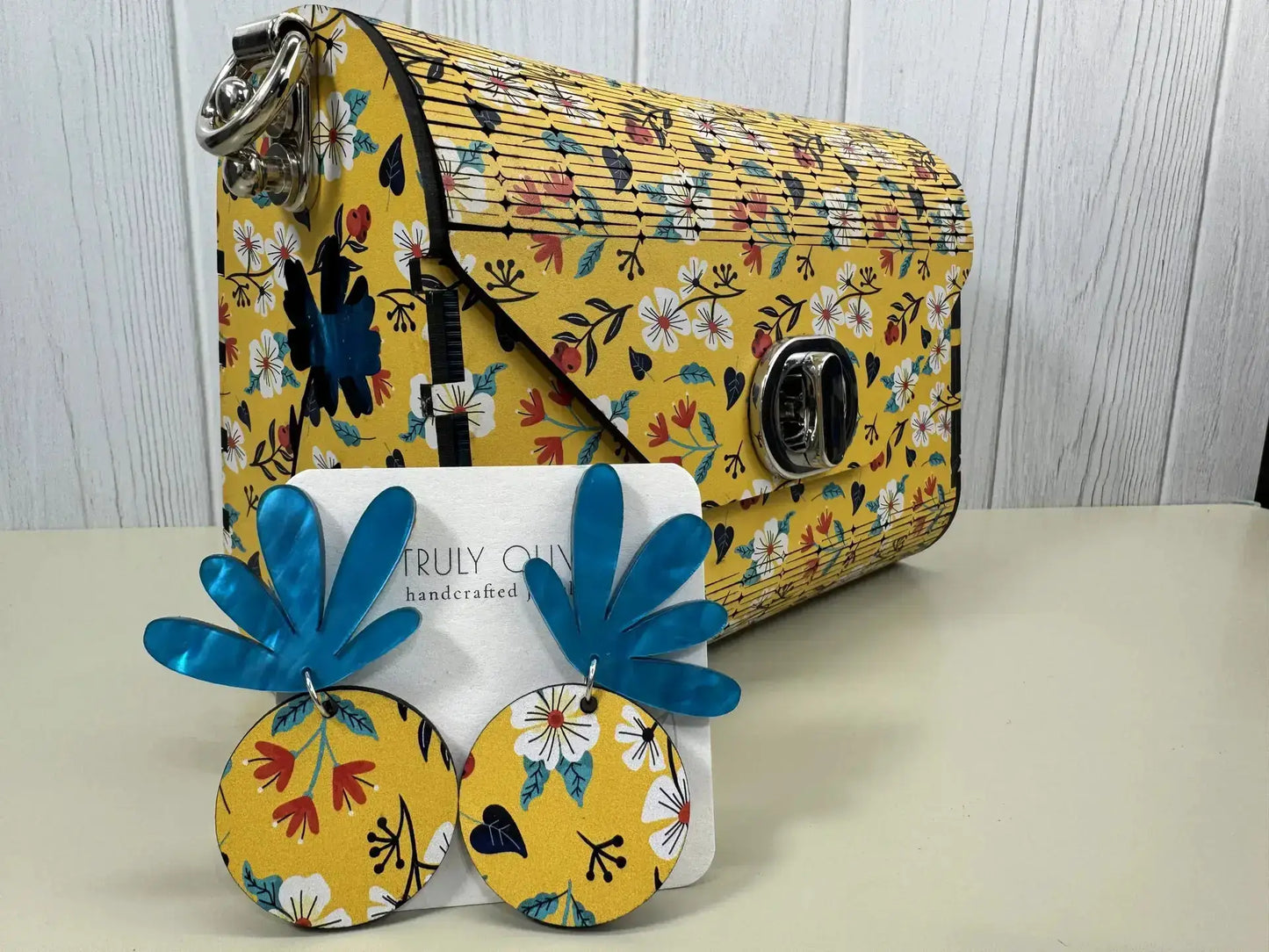 Truly Olive Bright Bloom Wood Clutch Yellow Floral Elegance - Clutch Bags Clutch Bag - Women's