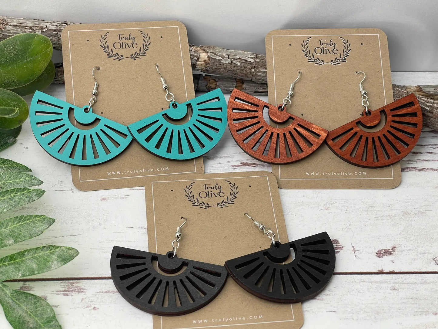Truly Olive Fan Shape Wood Earrings - Earrings Dangle Earrings