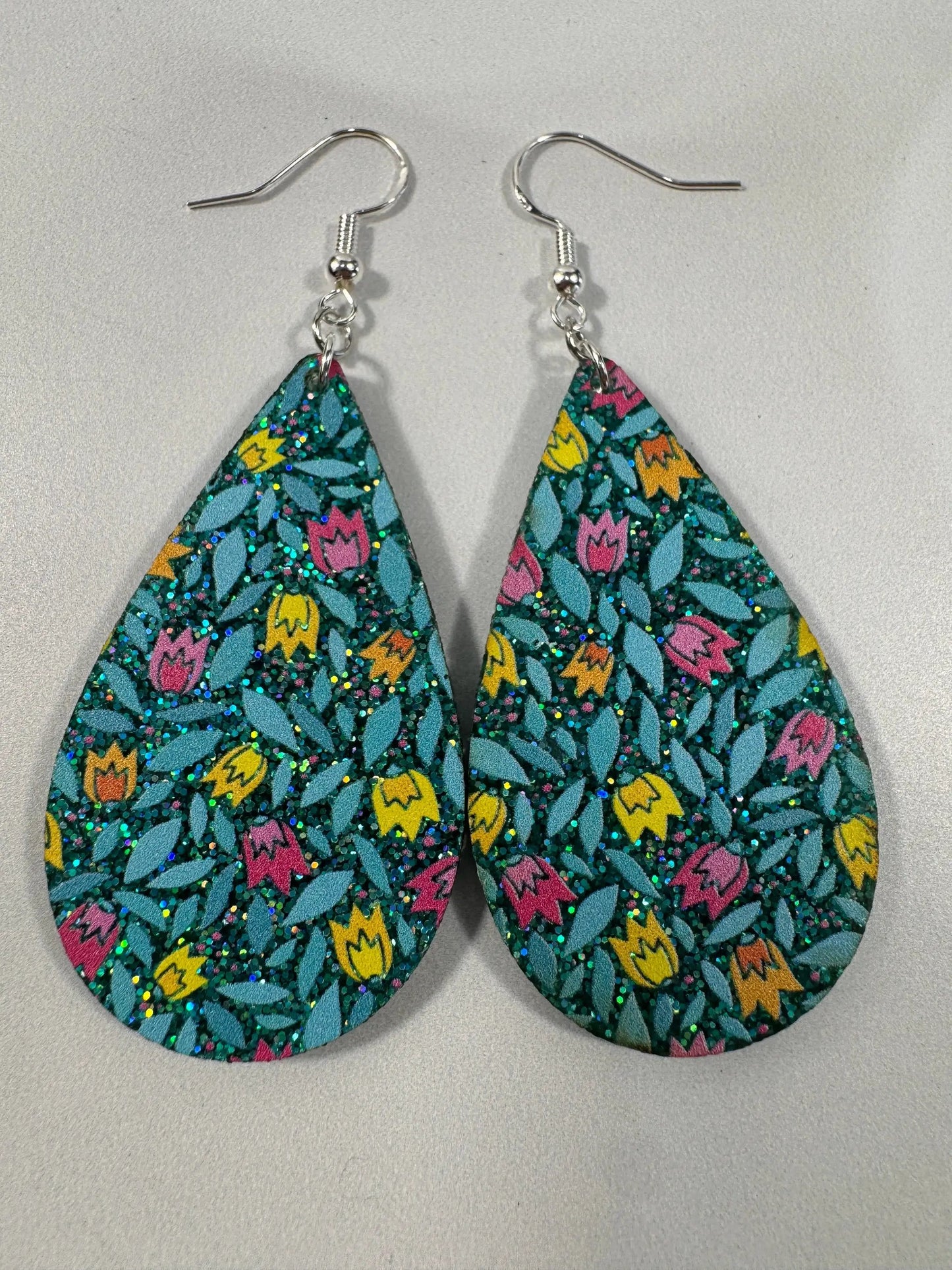 Truly Olive Blue Sparkle Flower Pattern Acrylic Earrings - Earrings Dangle Earrings