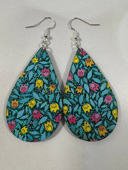 Truly Olive Blue Sparkle Flower Pattern Acrylic Earrings - Earrings Dangle Earrings