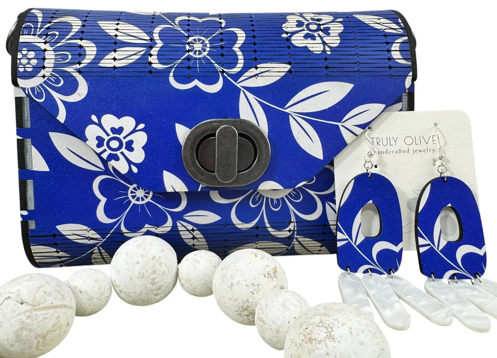 Truly Olive Cobalt Blue Flower Pattern Wood Handbag Clutch Purse - Clutch Bags Clutch Bag - Women's