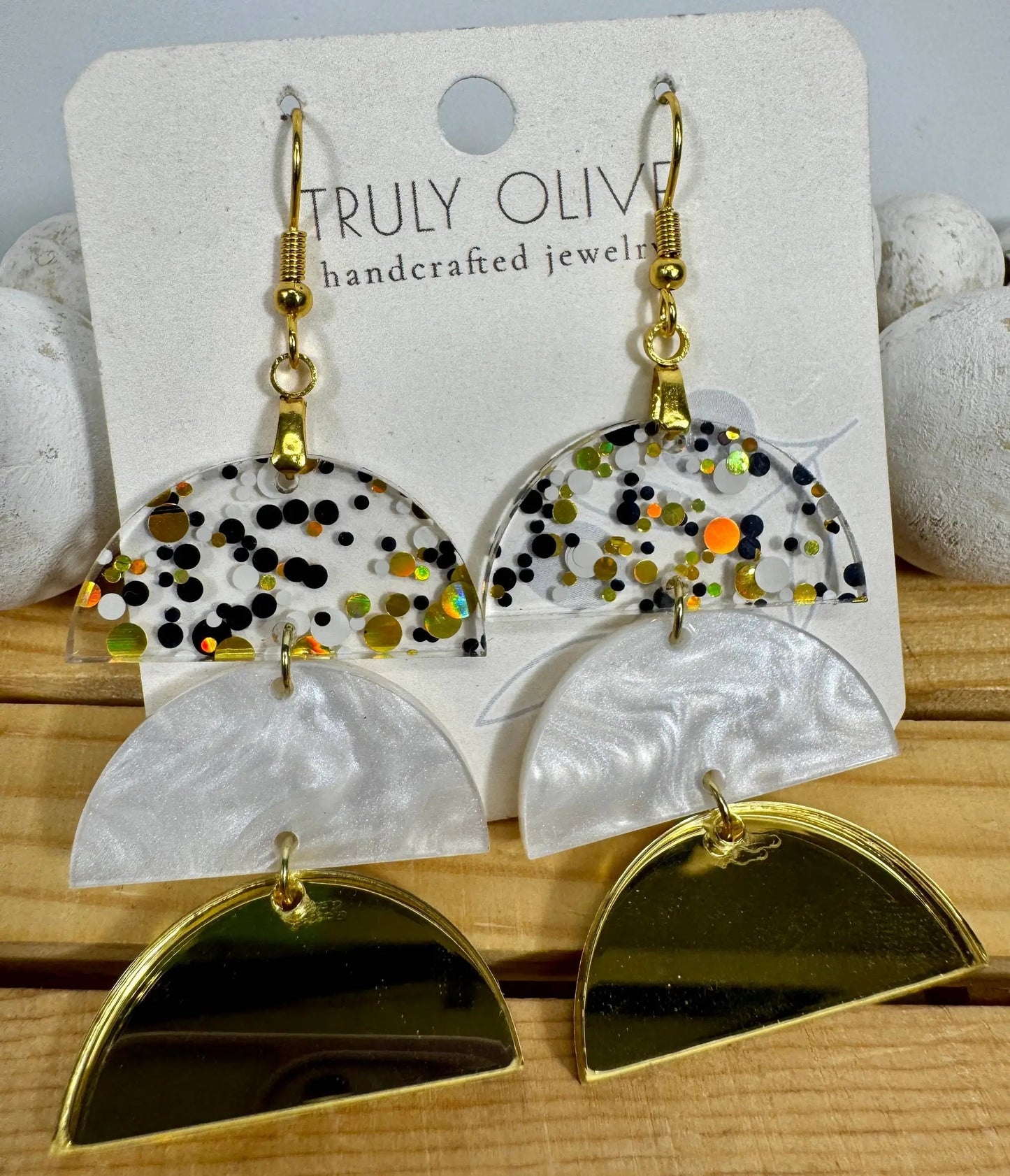 Truly Olive Gold and Black Glass Acrylic Holiday Earrings - Earrings Dangle Earrings