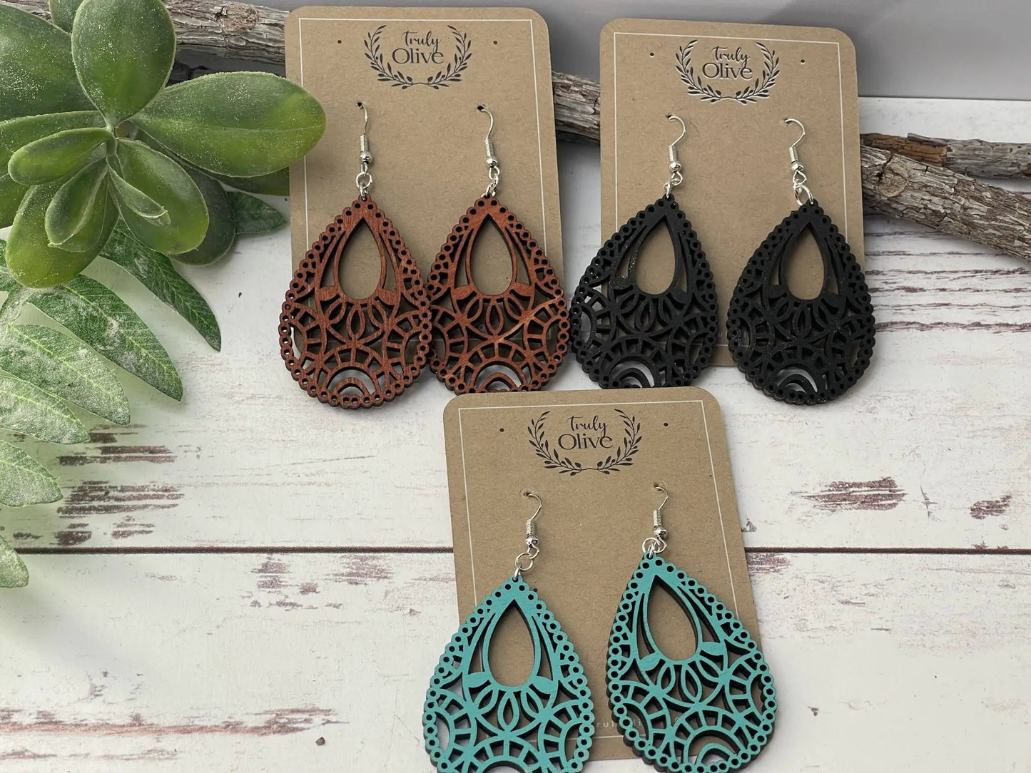 Truly Olive Stunning Wood Mandala Earrings in a Unique Teardrop Shape - Earrings Dangle Earrings