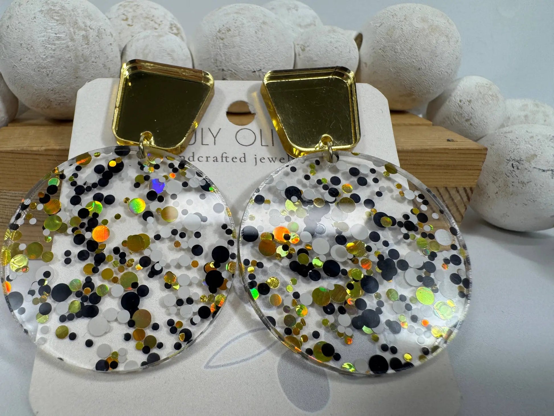 Truly Olive Tiered Circle Gold Black White Acrylic Christmas Earrings - Earrings Stud/Post Earrings