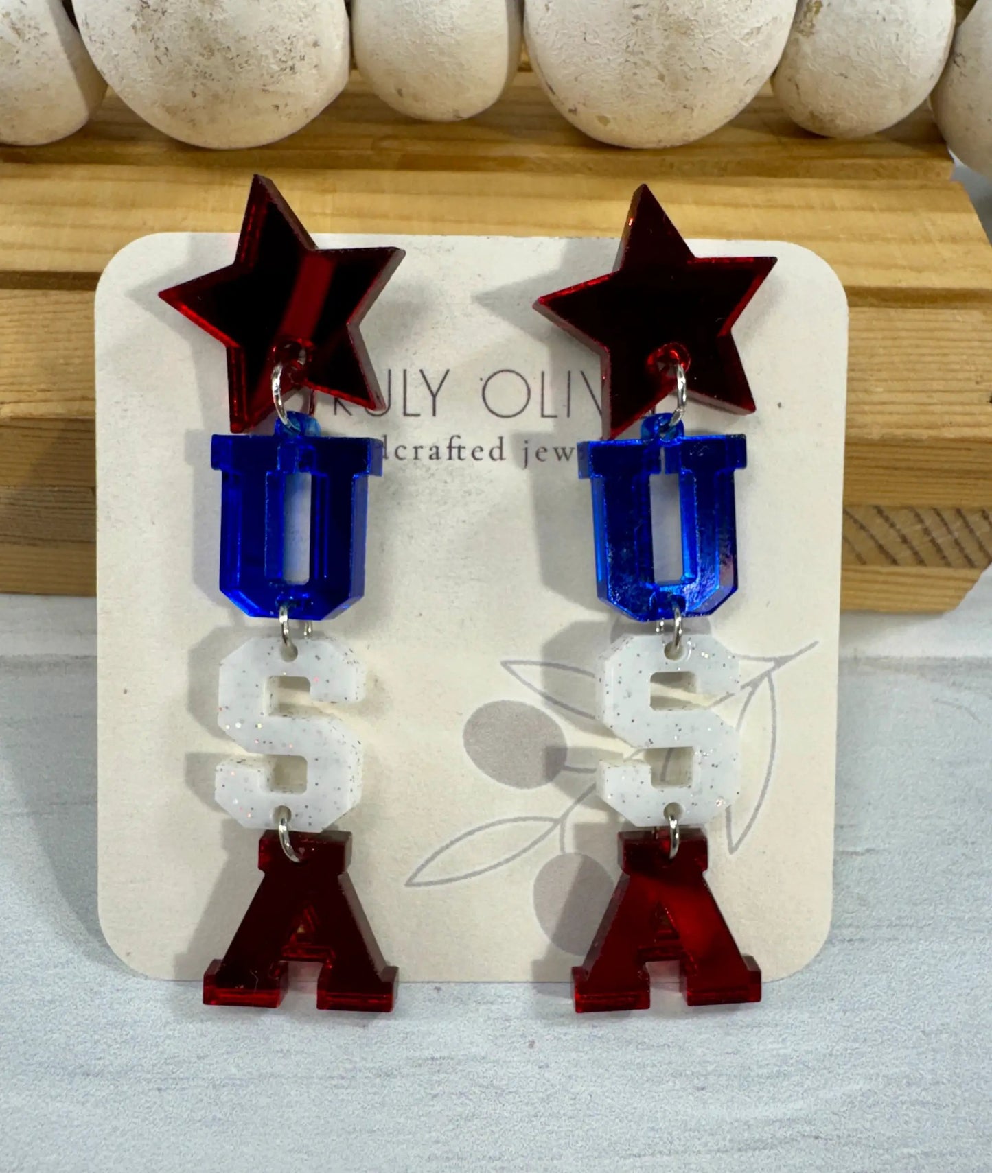 Truly Olive Patriotic Lettered USA Earring Dangles - Earrings Dangle Earrings