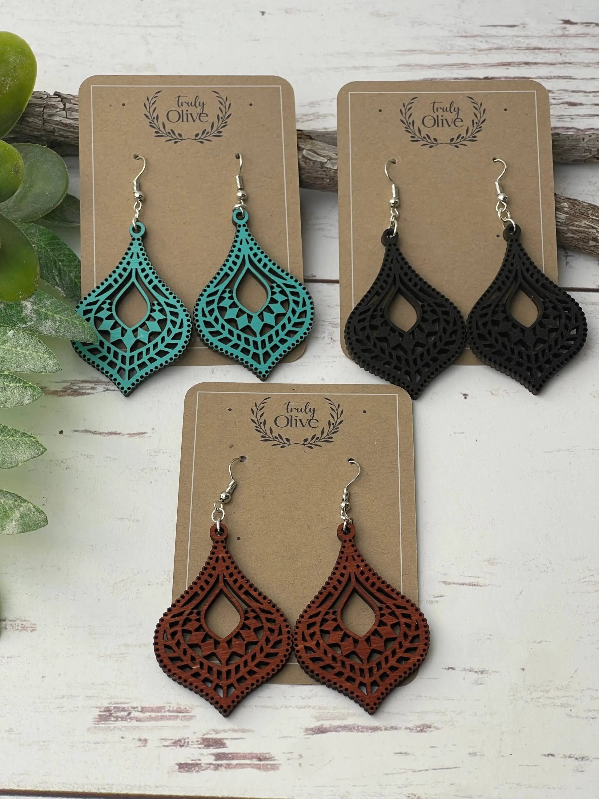 Truly Olive Hourglass Shape Wooden Boho Earrings - Earrings Dangle Earrings