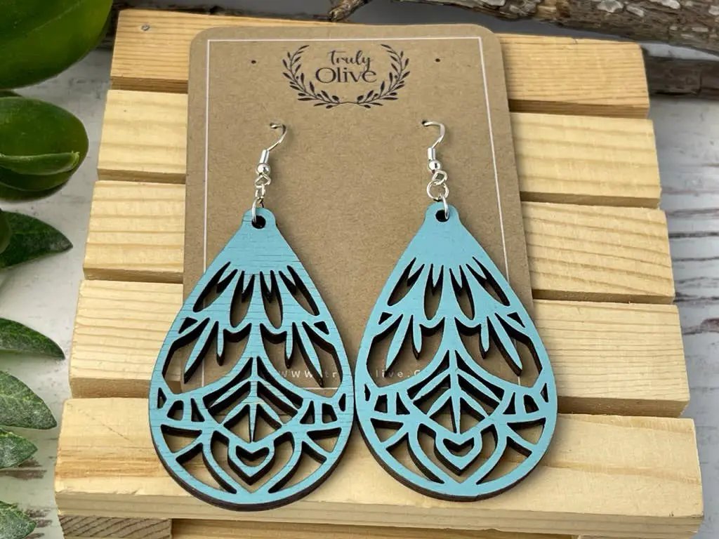 Truly Olive Vintage Wood Mandala Earrings Teardrops - Earrings Dangle Earrings