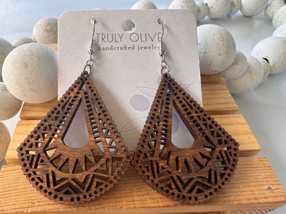 Truly Olive Lightweight Wood Mandala Earrings - Half Bell Shape - Earrings Dangle Earrings