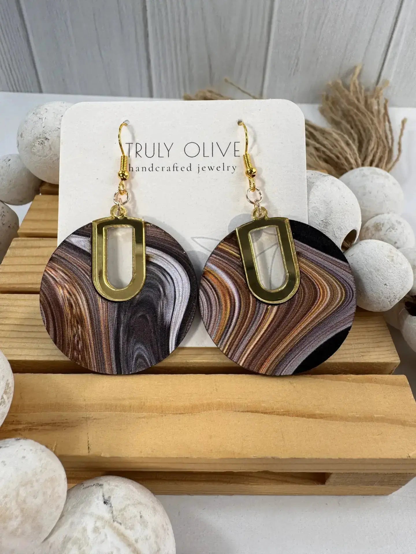 Truly Olive Vintage Swirl Pattern Wood Earrings - Earrings Dangle Earrings