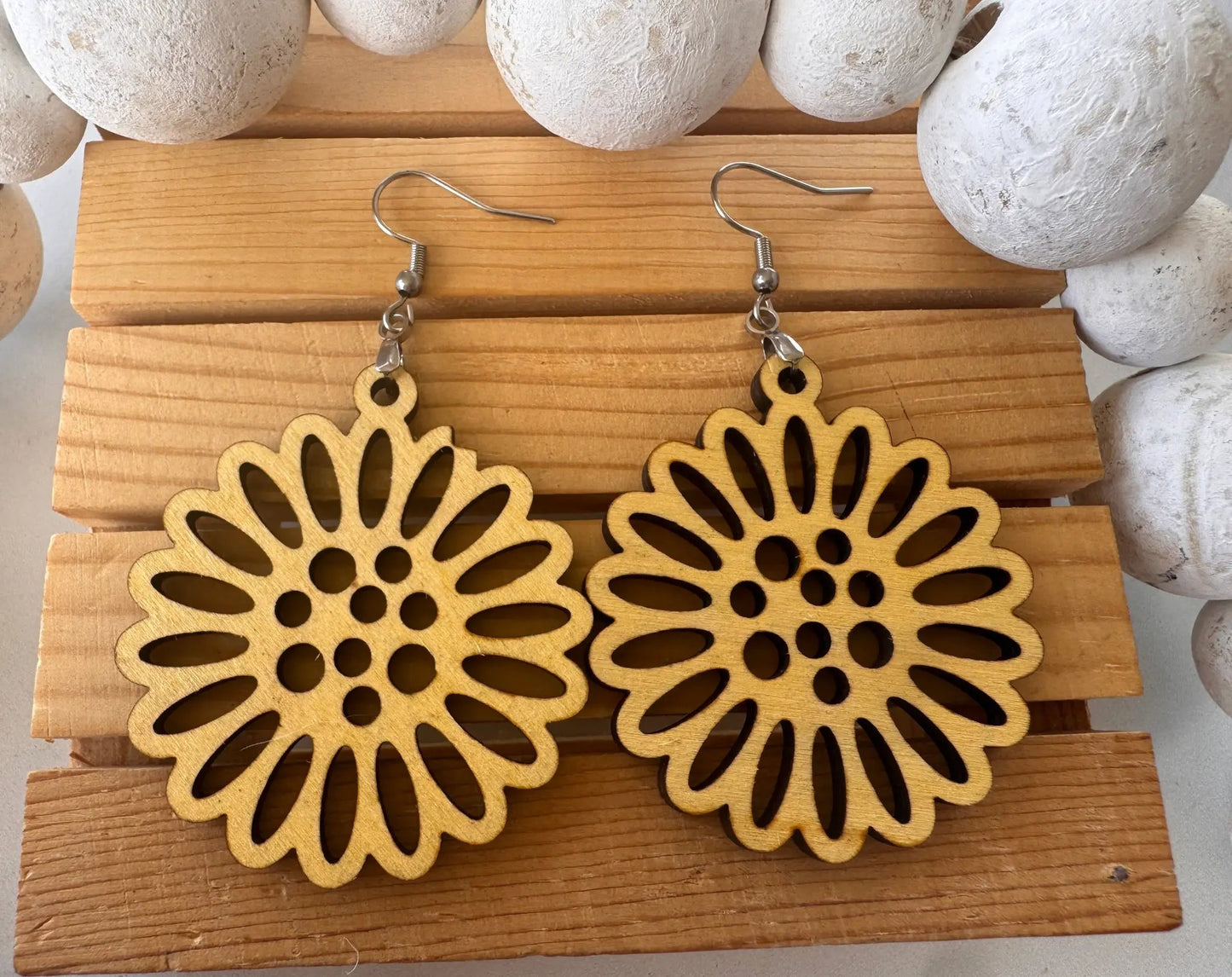 Truly Olive Flower Shape Wooden Lightweight Earrings - Earrings Dangle Earrings