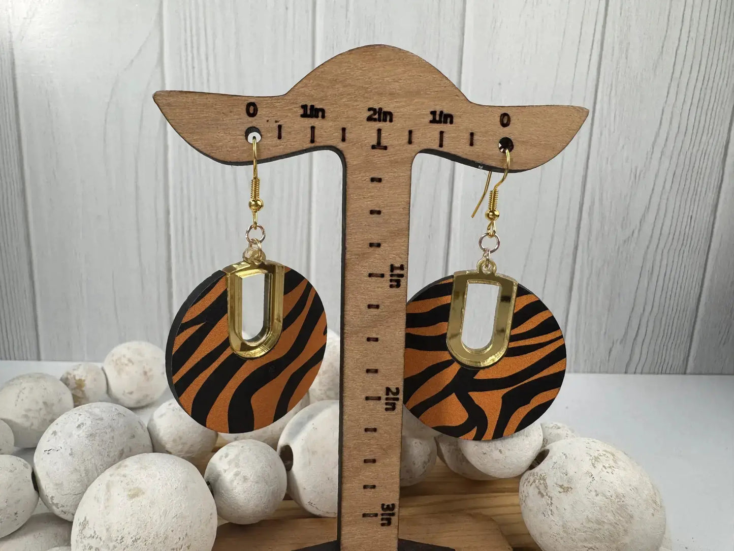 Truly Olive Tiger Pattern Wood Earrings - Earrings Dangle Earrings