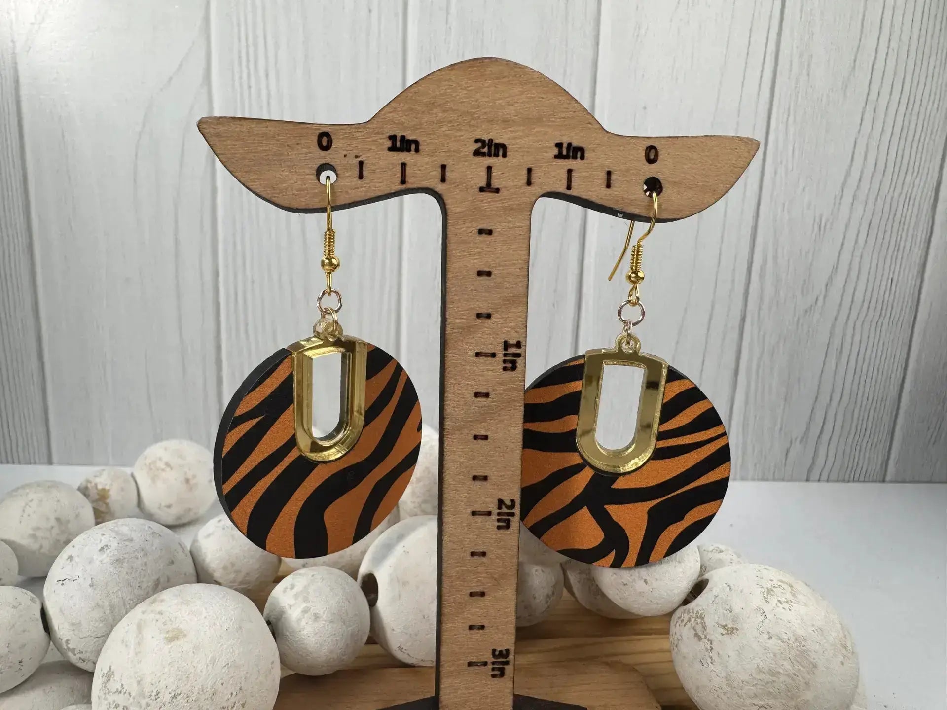 Truly Olive Tiger Pattern Wood Earrings - Earrings Dangle Earrings