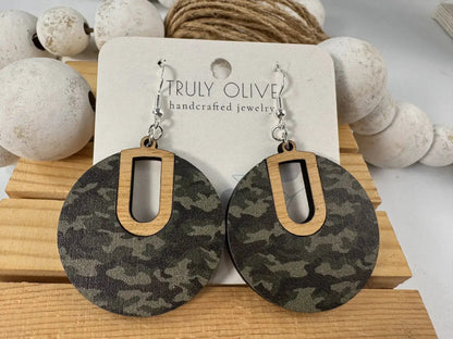 Truly Olive Camouflage Pattern Wood Earrings - Earrings Dangle Earrings