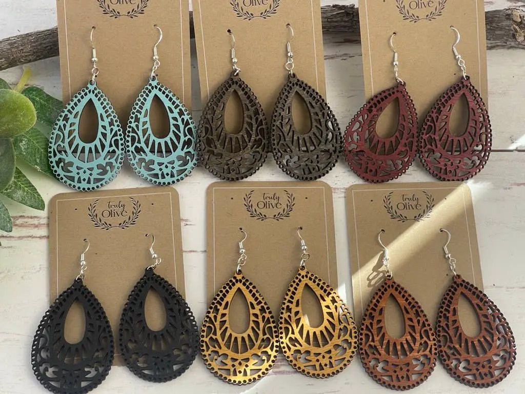 Truly Olive Teardrop Shape Wood Mandala Earrings - Earrings Dangle Earrings