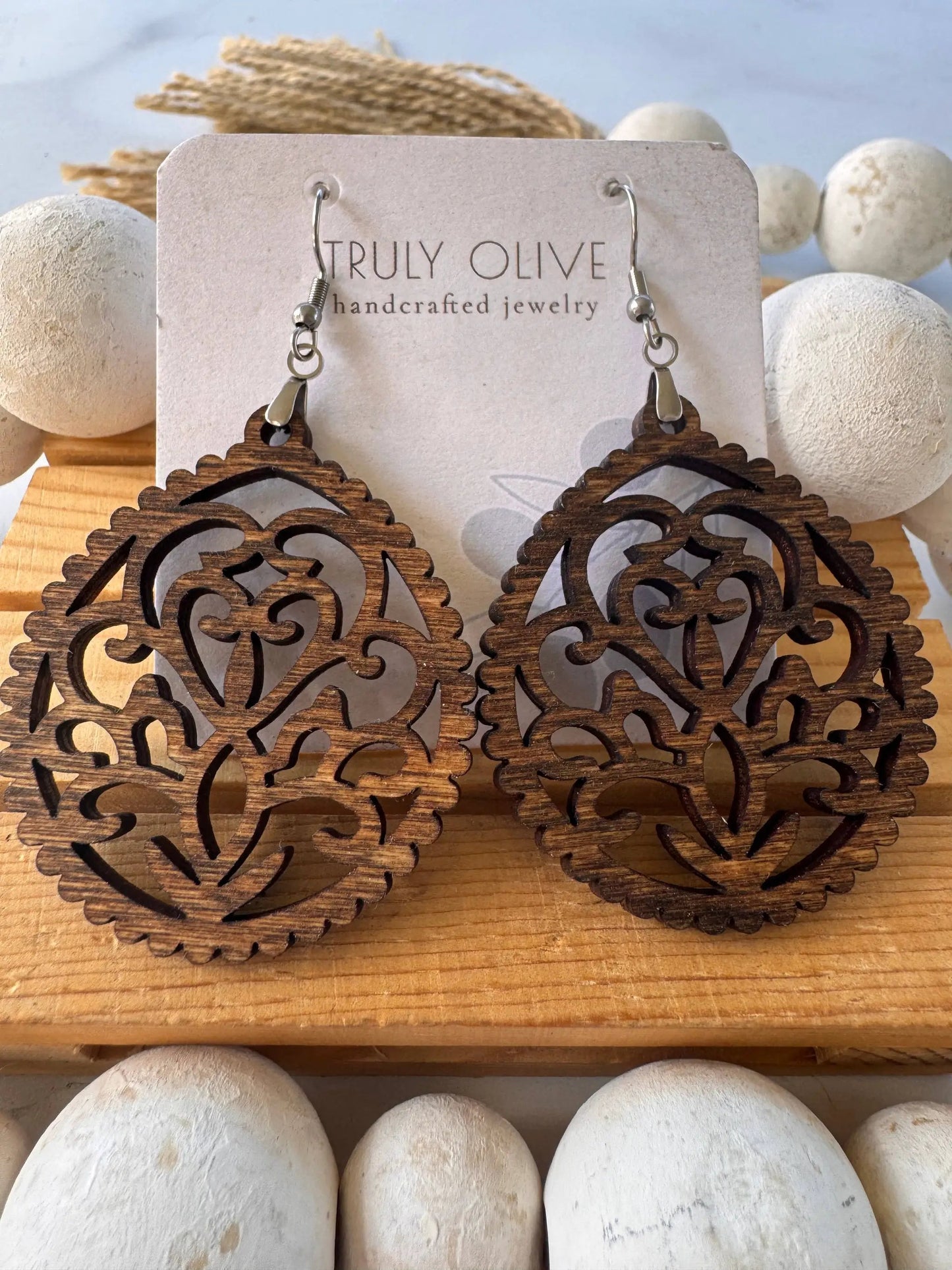 Truly Olive Intricate Wood Earrings - Earrings Dangle Earrings