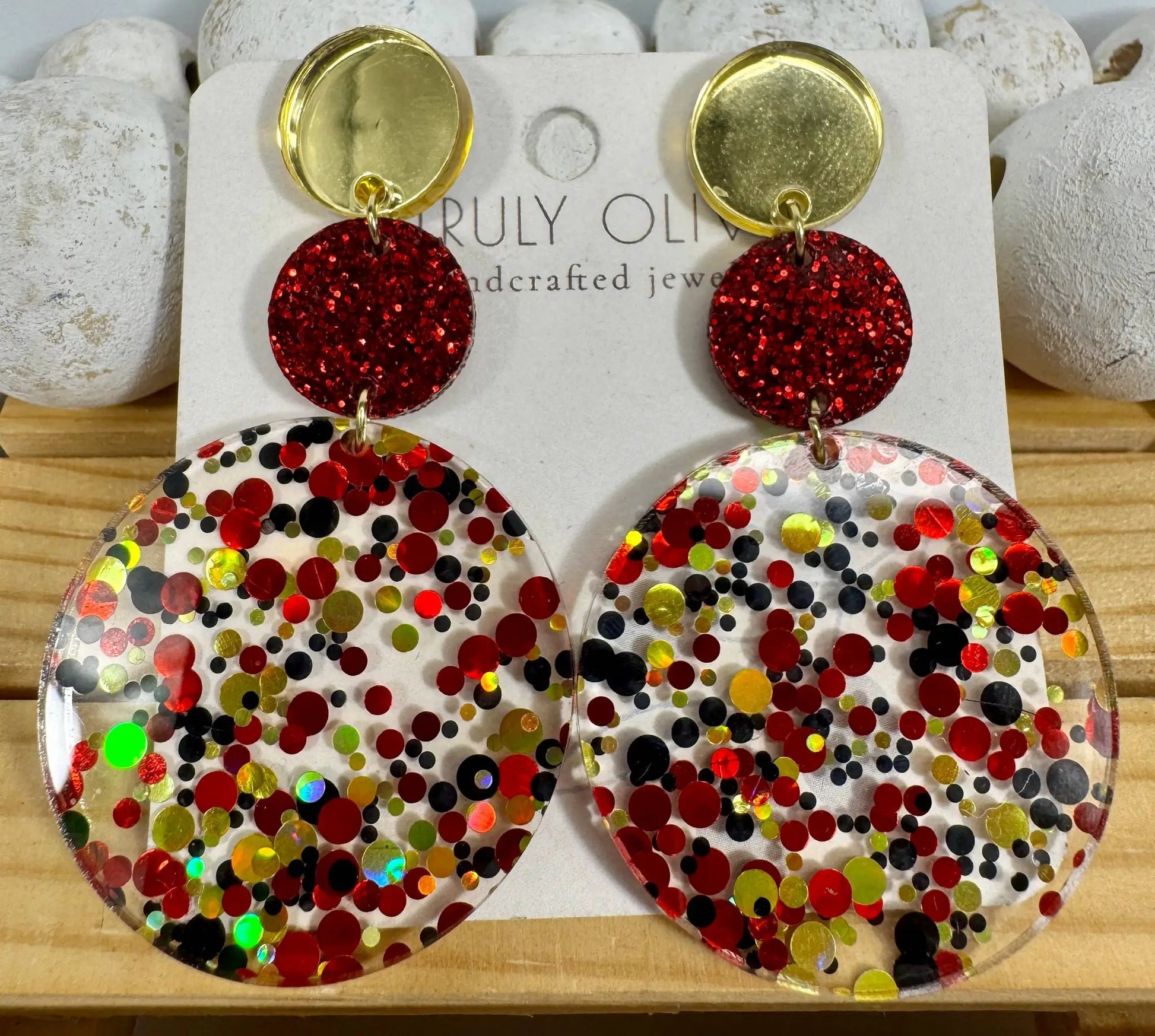 Truly Olive Tiered Red and Gold Confetti Acrylic Earrings - Earrings Dangle Earrings