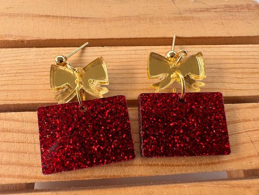 Truly Olive Red and Gold Christmas Present Earrings - Earrings Dangle Earrings