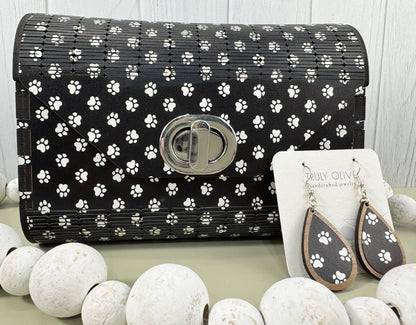 Truly Olive Puppy Paw Print Blue Flower Pattern Wood Handbag Clutch Purse - Clutch Bags Clutch Bag - Women's