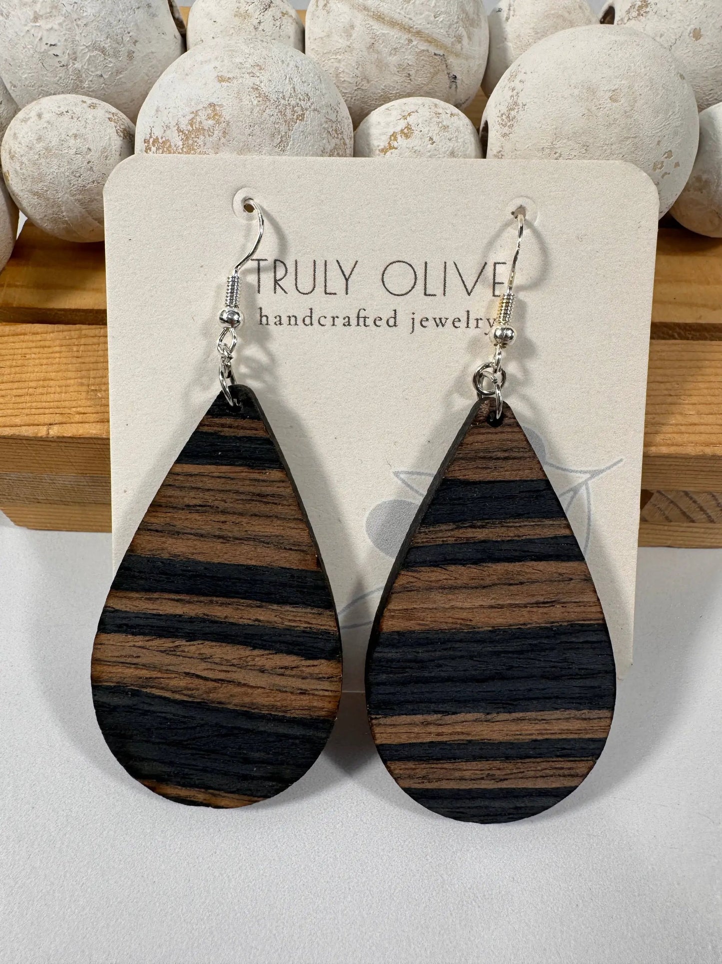 Truly Olive Blue Walnut Exotic Cafe Collection Wood Earrubgs - Earrings Hoop Earrings