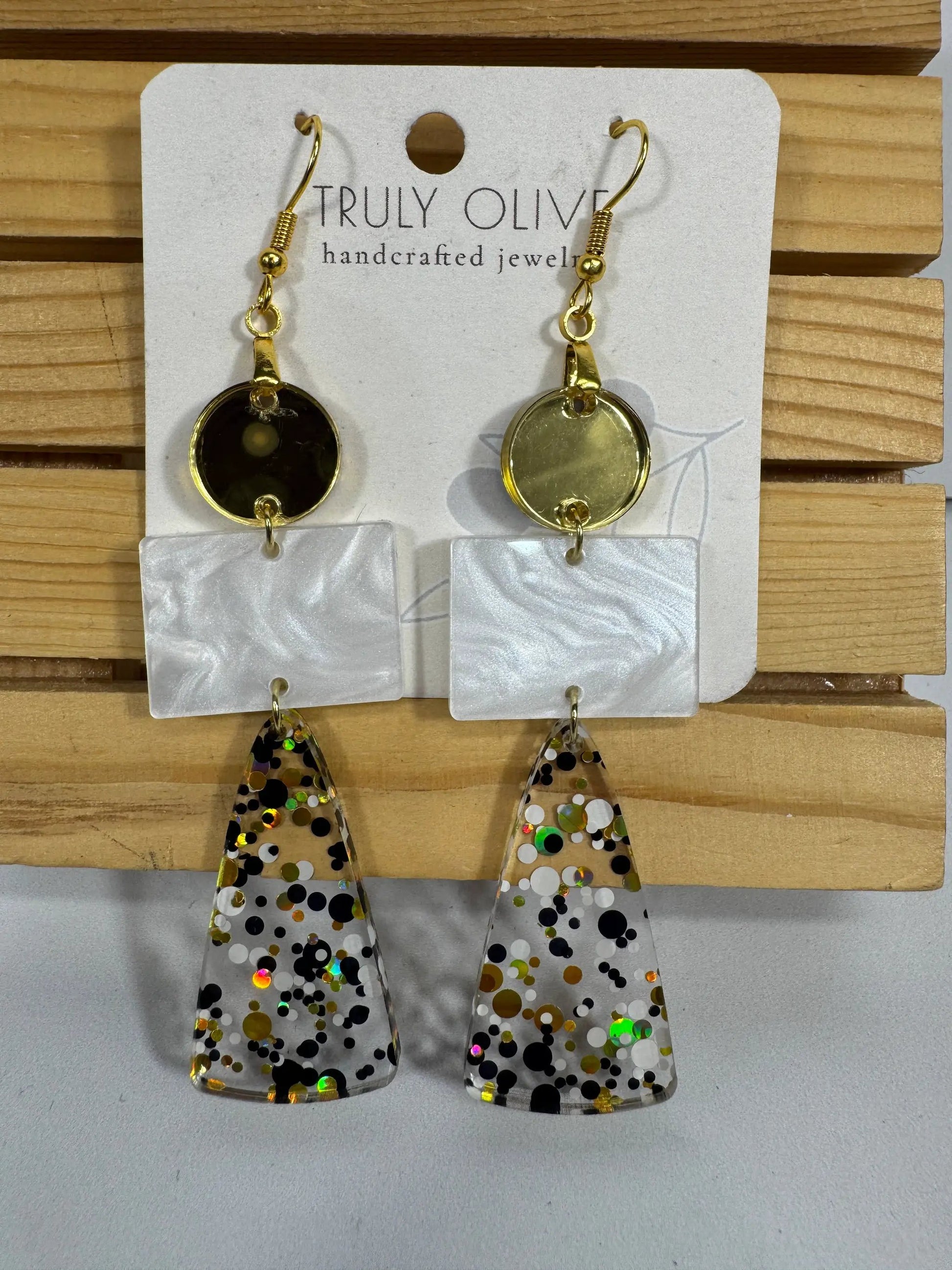 Truly Olive Long Gold Black and White Sparkly Confetti Acrylic Earrings - Earrings Dangle Earrings