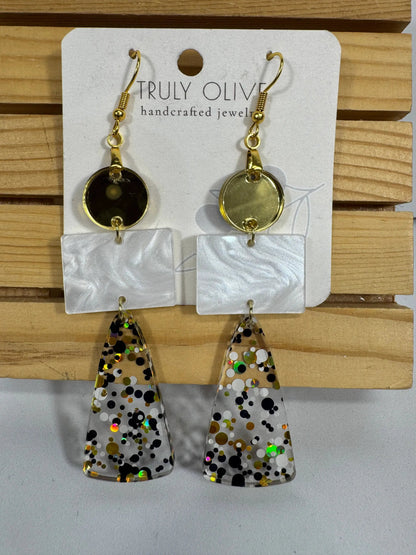 Truly Olive Long Gold Black and White Sparkly Confetti Acrylic Earrings - Earrings Dangle Earrings
