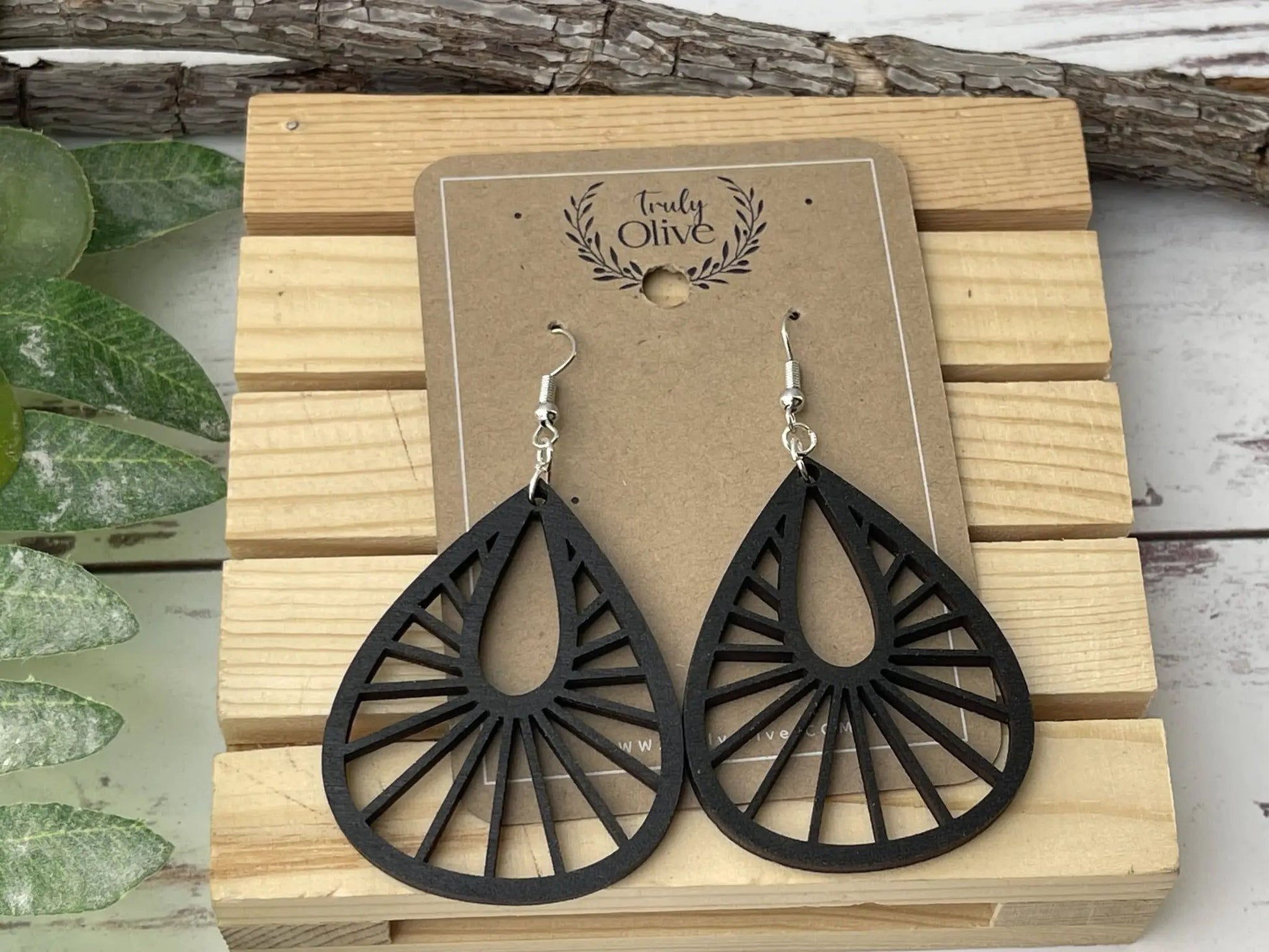 Truly Olive Teardrop Wood Mandala Earrings in a Unique Fanned Out Shape - Earrings Dangle Earrings