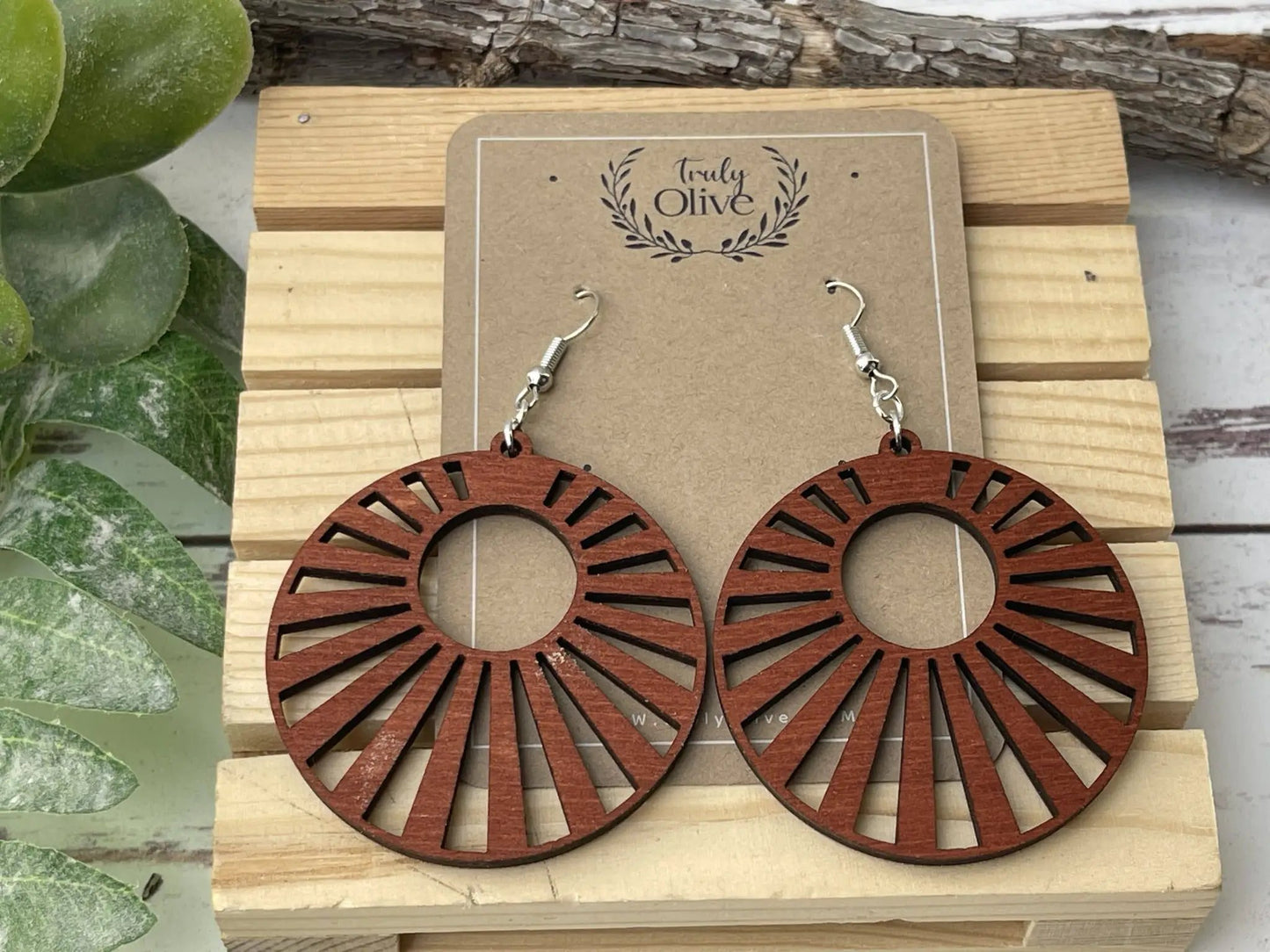 Truly Olive Wood Mandala Earrings in a Unique Fanned Out Circle Shape - Earrings Dangle Earrings