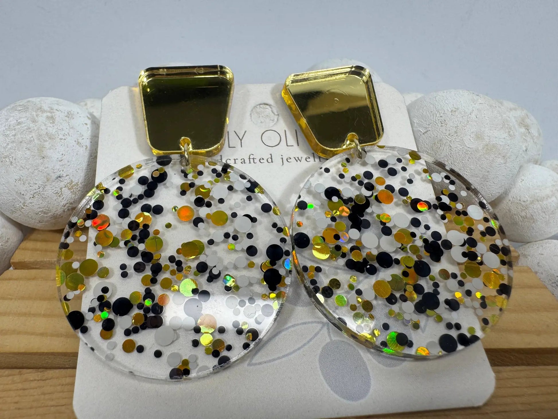Truly Olive Tiered Circle Gold Black White Acrylic Christmas Earrings - Earrings Stud/Post Earrings