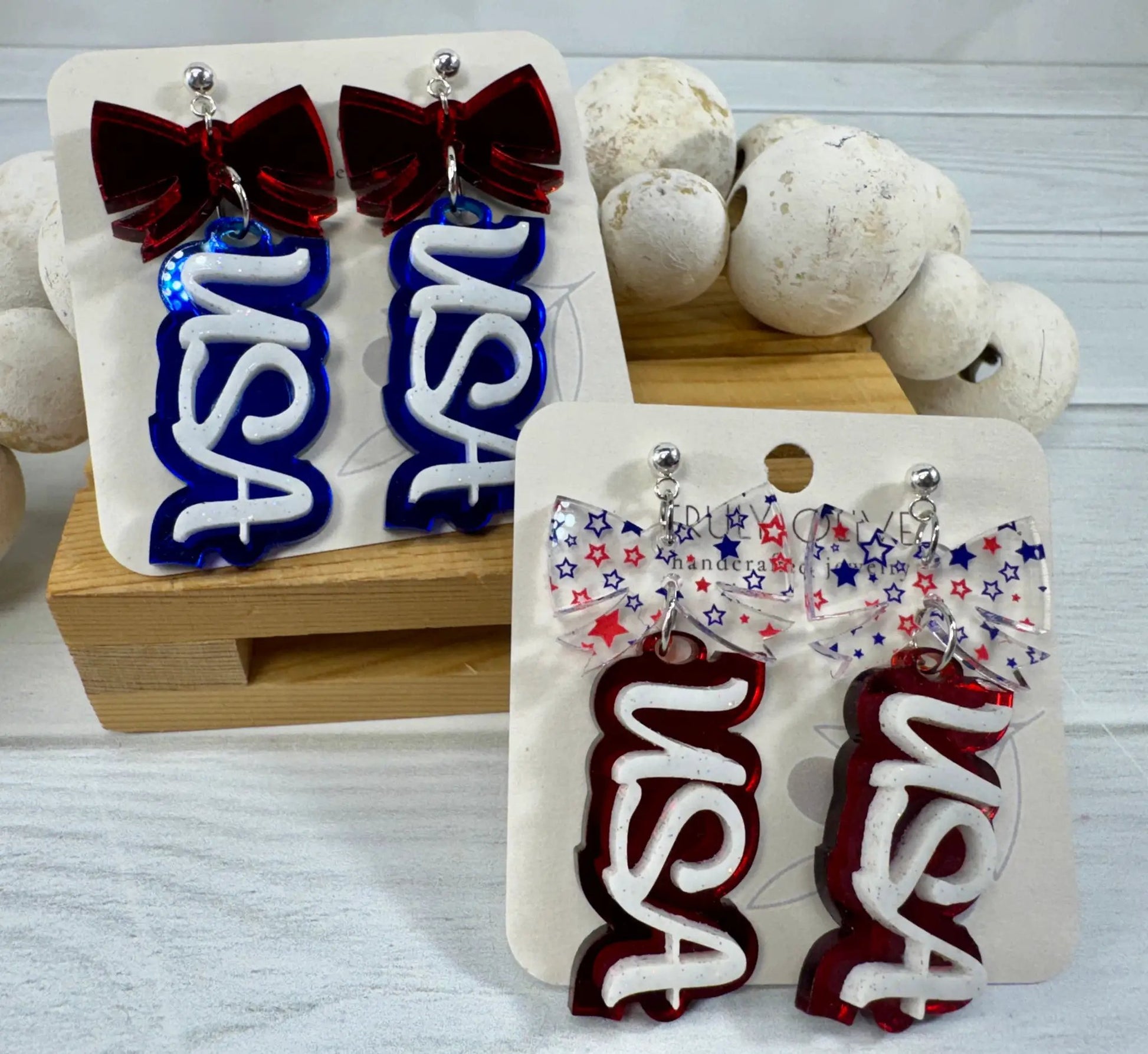 Truly Olive Patriotic USA Bow Dangle Earrings - Earrings Dangle Earrings