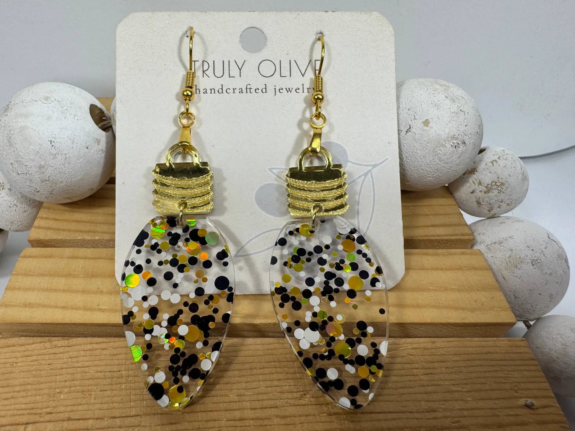 Truly Olive Cute Gold Black and White Christmas Lightbulb Earrings - Earrings Dangle Earrings
