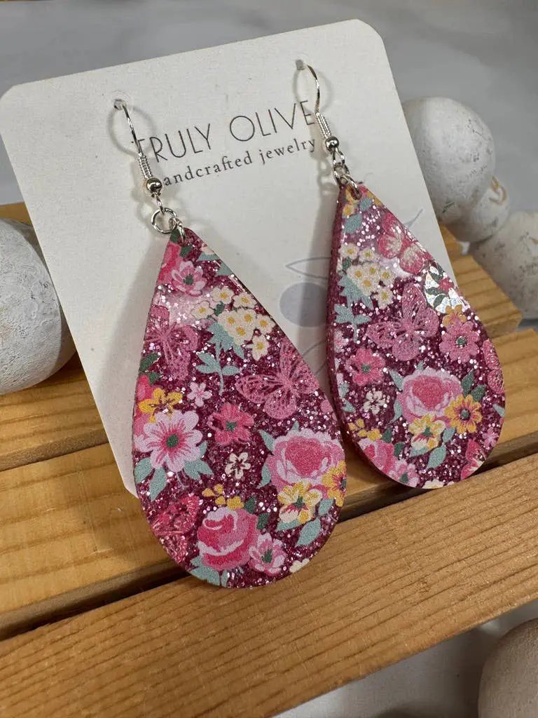 Truly Olive Pink Glitter Flower Pattern Acrylic Earrings - Earrings Dangle Earrings