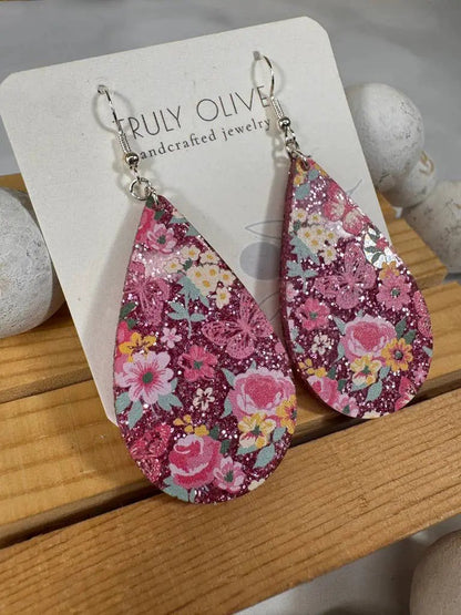 Truly Olive Pink Glitter Flower Pattern Acrylic Earrings - Earrings Dangle Earrings