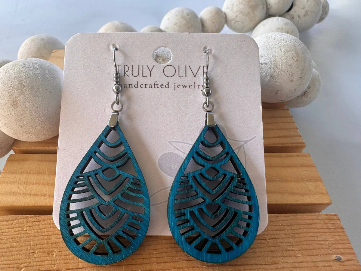Truly Olive Geometric Small Wooden Earrings - Earrings Dangle Earrings