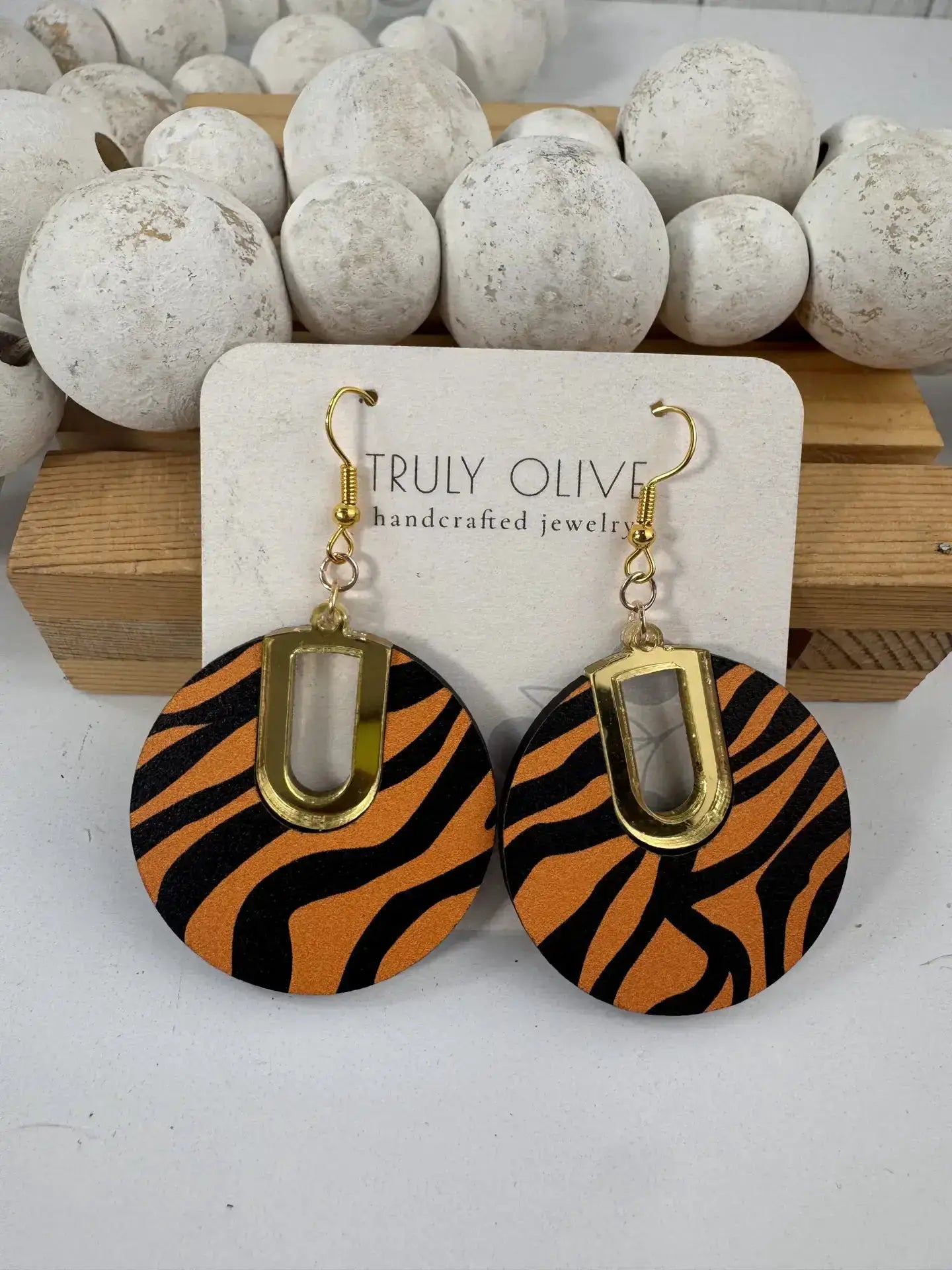 Truly Olive Tiger Pattern Wood Earrings - Earrings Dangle Earrings