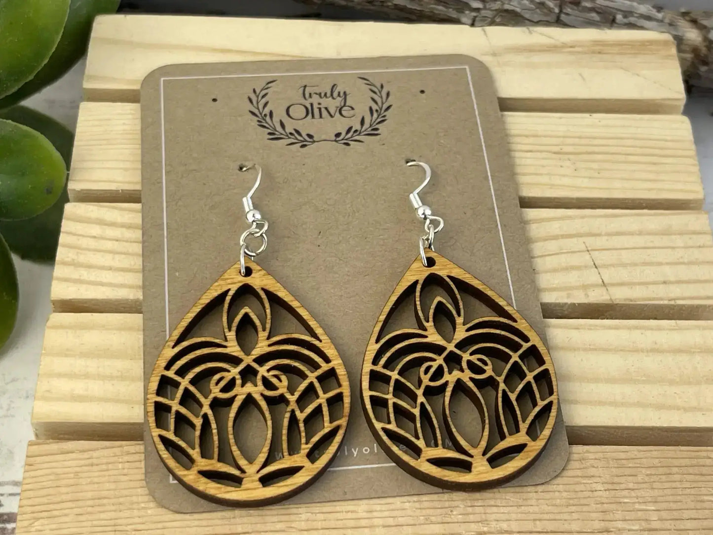 Truly Olive Small Mandala Wood Earrings - Earrings Dangle Earrings