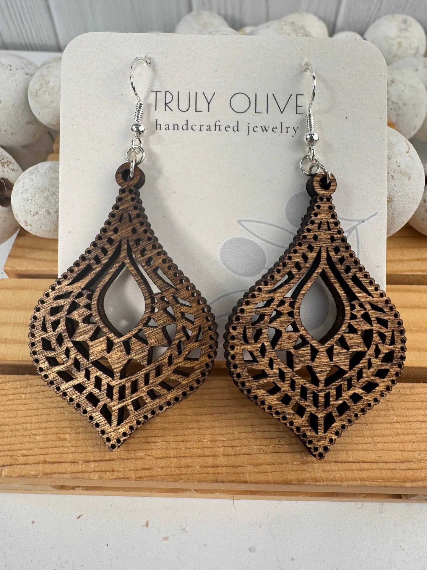 Truly Olive Hourglass Shape Wooden Boho Earrings - Earrings Dangle Earrings