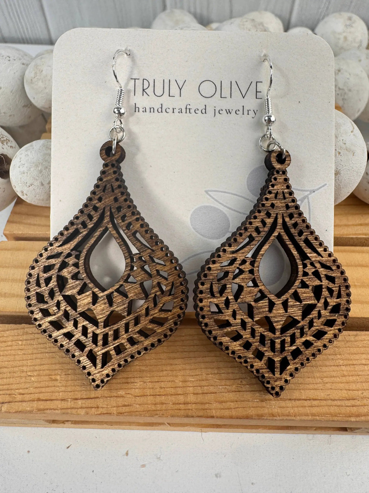 Truly Olive Hourglass Shape Wooden Boho Earrings - Earrings Dangle Earrings