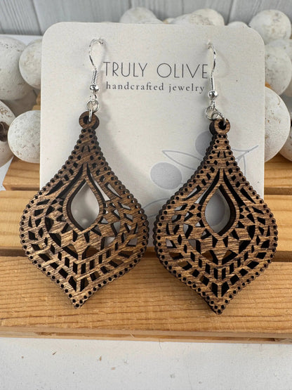 Truly Olive Hourglass Shape Wooden Boho Earrings - Earrings Dangle Earrings