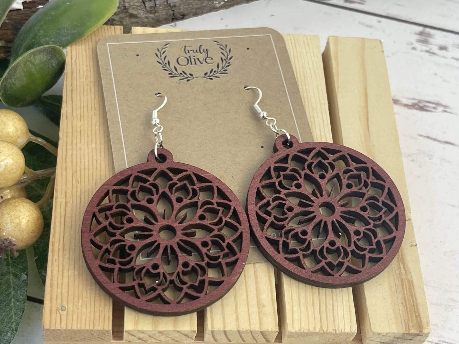Truly Olive Circle Shape Lightweight Wood Mandala Earrings - Earrings Dangle Earrings
